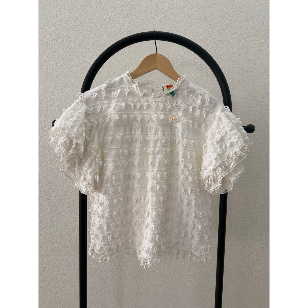 Farm Rio NEW Short Sleeve White Fringe Detail Top, MED